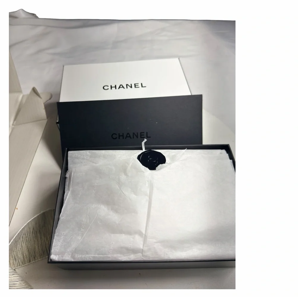 Chanel Authentic Gift Box & Envelope, Stamp Wrap w/ Logo Gold Ribbon & Packaging